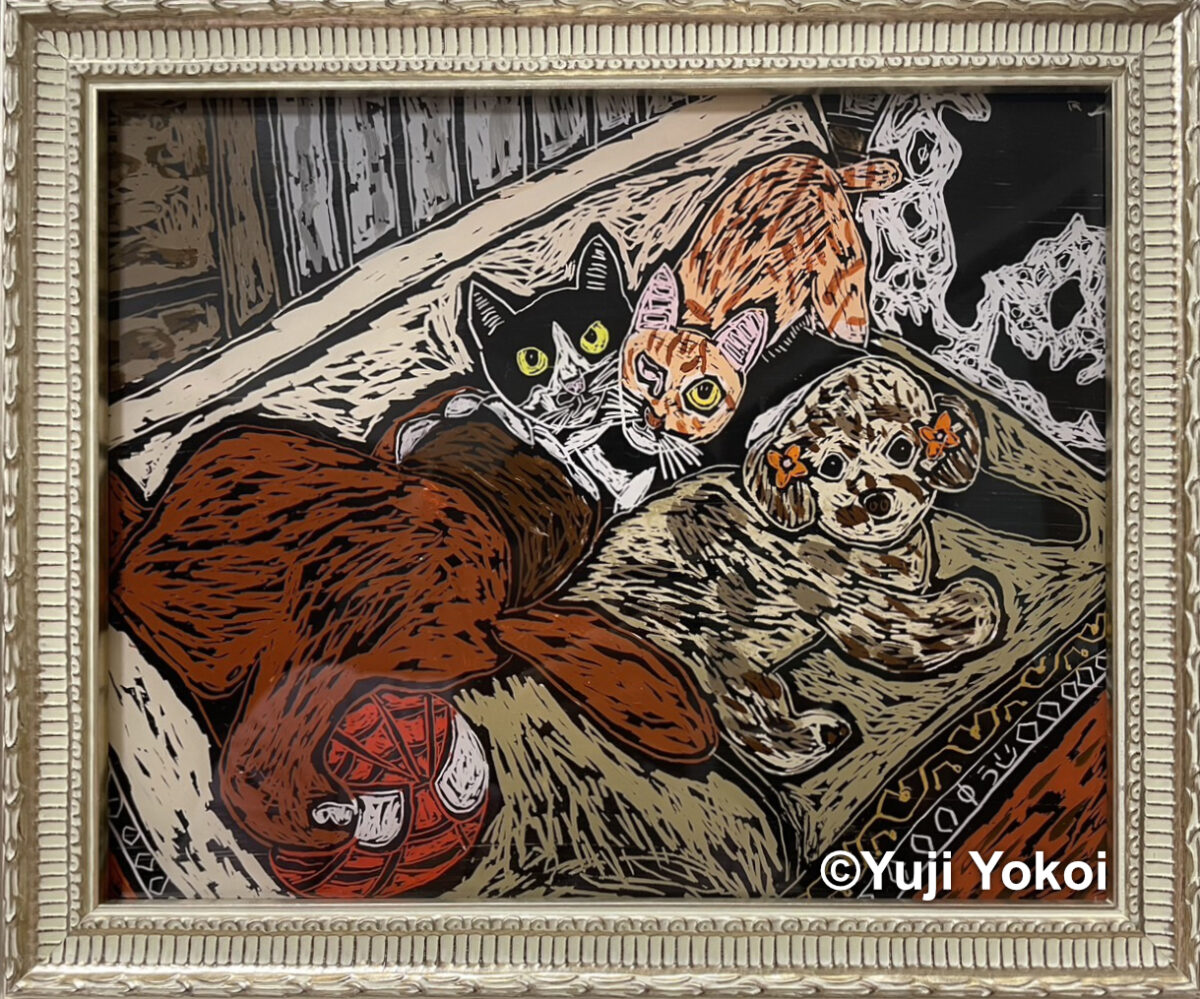 絵画　油絵　uF6-071219　猫たちと犬たち H家のたまと猫たち.jpg